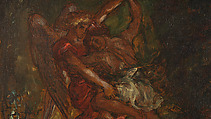 Jacob Wrestling with the Angel, Eugène Delacroix (French, Charenton-Saint-Maurice 1798–1863 Paris), Oil over pen and ink on tracing paper; mounted on canvas and backed with linen