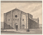 View of the Façade of the Cathedral of San Michele, Pavia, Giulio Aluisetti Italian, Pen and gray ink, brush and gray wash, over graphite, ruling