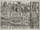The Betrothal of Mary of Burgundy; Young Maximilian; The Struggle for the Burgundian Succession; The Battle Near Therouanne; The War in Guelderland; and The Utrecht Feud, from the Arch of Honor, proof, dated 1515, printed 1517-18, Albrecht Dürer (German, Nuremberg 1471–1528 Nuremberg), Woodcut and letterpress