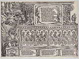 The Upper Section of the Right Portal, with the Inscription on a Stag Skin; a Frieze with Busts of Roman Emperors; and the Entablature of the Columns, from the Arch of Honor, proof, dated 1515, printed 1517-18, Albrecht Dürer (German, Nuremberg 1471–1528 Nuremberg), Woodcut and letterpress