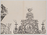 The Pinnacle of the Right Portal; and a Trumpeter and Standard from the Central Portal, from the Arch of Honor, proof, dated 1515, printed 1517-18, Albrecht Dürer (German, Nuremberg 1471–1528 Nuremberg), Woodcut