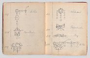 Album of designs for jewelry, gold and figurines, Rosenau & Co. German, Graphite, pen and black ink, pen and blue ink