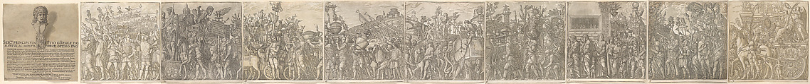 The Triumph of Julius Caesar, Andrea Andreani (Italian, Mantua 1558/1559–1629), Chiaroscuro woodcut comprising 10 sheets (9 of images and 1 title) from slightly different printings from three and four blocks in black (keyblock) and shades from light brown through gray