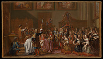 Louis XIV in Notre-Dame de Paris on January 30, 1687 at a Thanksgiving Service after his Recovery from a Grave Illness, Guy Louis Vernansal the Elder (French, Fontainebleau 1648–1729 Paris), Oil paint on paper, mounted on canvas
