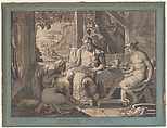 Jupiter and Mercury reveal themselves to Philemon and Baucis, Elie-Honoré Montagny French, Pen and brown ink, brush and brown and gray washes, with touches of white gouache; laid down; squared in graphite