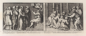 Two Biblical Scenes: Festus judging Saint Paul at left and Saint Paul Baptizing the Christians of Corinth at right, from a series of 15 plates depicting Raphael's works for the Vatican stanze and the Sistine Chapel tapestries, Pietro Santi Bartoli  Italian, Etching