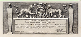 Title-page to a series of fifteen plates, with two lions over a scroll facing a ring rounded by three feathers, from a series of 15 plates depicting Raphael's works for the Vatican stanze and the Sistine Chapel tapestries, Pietro Santi Bartoli  Italian, Etching