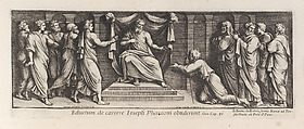 Joseph kneeling in front of the Pharoah, after Raphael's Stanza di Eliodoro, from a series of 15 plates, depicting Raphael's works for the Vatican stanze and the Sistine Chapel tapestries, Pietro Santi Bartoli (Italian, Perugia 1615–1700 Rome), Etching