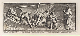 Christ speaking with Saint Peter, who kneels before him in adoration and with his hands joined in prayer, while the Apostles draw up their nets behind him, after Raphael's Stanza dell'incendio del Borgo, from a series of 15 plates, depicting Raphael's works for the Vatican stanze and the Sistine Chapel tapestries, Pietro Santi Bartoli  Italian, Etching