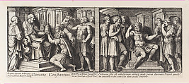 Two Biblical Scenes: Constantine donating the City of Rome to Pope Sylvester at left, after Raphael's Stanza di Eliodoro and The  Judgement of Seleucids at right, after Raphael's Stanza della Segnatura, from a series of 15 plates depicting Raphael's works for the Vatican stanze and the Sistine Chapel tapestries, Pietro Santi Bartoli  Italian, Etching