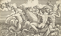 A Nereid Riding a Sea Centaur Accompanied by Other Sea Creatures, Angiolo Falconetto (Italian, active ca. 1555–67), Etching with drypoint; first state of two