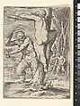 Satyr whipping a nymph, who is shown from behind and bound to a tree, a second satyr bearing a club stands in the middle ground, Agostino Carracci (Italian, Bologna 1557–1602 Parma), Engraving