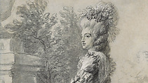 Marie Antoinette in a Park, Elisabeth Louise Vigée Le Brun (French, Paris 1755–1842 Paris), Black chalk, stumped, and white chalk; framing lines in black chalk