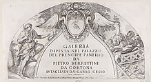 Title page to "Galleria Dipinta nel Palazzo del Prencipe Panfilio" after the ceiling frescoes by Pietro da Cortona depicting the history of Aeneas in the Palazzo Pamphili, Rome, Carlo Cesi  Italian, Etching