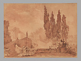 The Staircase of the Dragon Fountain at the Villa d’Este, Tivoli, Jean Honoré Fragonard  French, Brush and brown wash over red chalk counterproof