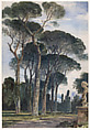 Umbrella pines in the Villa Borghese, Rome, William James Müller  British, Watercolor over graphite underdrawing, with stippling, washes and reductive techniques, selectively coated with gum arabic