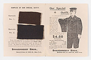Our Special Outfit [advertizing circular], Shaughnessy Brothers (American, established late 19th century), Wood engraving, with attached fabric swatches