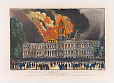 Burning of the City Hall New York, on the night of the 17th August 1858 – Supposed to have taken fire from the fire works exhibited in commemoration of the successful laying of the Atlantic telegraph cable, Currier & Ives American, Hand-colored lithograph