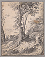 Landscape with a Large Tree, Paul Bril (Netherlandish, Breda (?) 1553/54–1626 Rome), Brush and black wash over black chalk