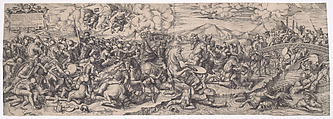 The Battle of Constantine at the Milvian Bridge, after Raphael, Giovanni Battista Cavalieri  Italian, Engraving on two joined sheets