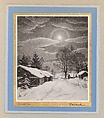 Christmas Card (Full Moon), Ronau William Woiceske American, Lithograph on white paper adhered to gold metallic paper adhered to blue and gray paper