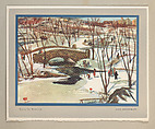 Christmas Card (Park In Winter), Ann Brockman American, Color lithograph on white paper adhered to blue metallic paper adhered to gray and white paper