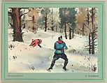 Christmas Card (Snowballing), Elmer Plummer  American, Color lithograph on white paper adhered to green paper