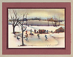 Christmas Card (Ice Skaters), Paul Sample American, Lithograph on white paper adhered to red paper