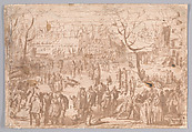 Studies of Birds (recto); Village Scene with Skaters (verso), Albert Flamen (Flemish, born ca. 1620, active 1648–88), Pen and brown ink, brush and brown wash (recto); watercolor (verso)