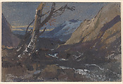Study of trees by a mountain stream, William James Müller  British, Watercolor and gouache (bodycolor) over graphite, with reductive techniques, stopping out, and gum arabic on blue-gray card