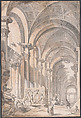 Architectural capriccio with Figures and Antiquities, Giovanni Paolo Panini  Italian, Black chalk, pen and black and gray ink, brush and gray and brown wash, with touches of watercolor and white gouache