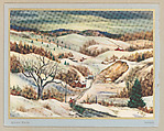 Christmas Card (Quiet Days), Emil Ganso American, born Germany, Color lithograph on white paper adhered to gold metallic paper adhered to blue paper