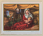 Christmas Card (In the Manger), Federico Castellon American, Color lithograph on white paper adhered to metallic gold paper adhered to blue paper