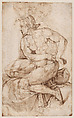 Seated Nude Youth, facing left (recto); Bearded Nude Male Figure in a Half-Kneeling Pose, Holding Drapery Behind his Back (verso), Francesco Salviati (Francesco de' Rossi) (Italian, Florence 1510–1563 Rome), Pen and (iron gall) brown ink (recto and verso)