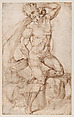 Seated Nude Youth, facing left (recto); Bearded Nude Male Figure in a Half-Kneeling Pose, Holding Drapery Behind his Back (verso), Francesco Salviati (Francesco de&#39; Rossi) (Italian, Florence 1510–1563 Rome), Pen and (iron gall) brown ink (recto and verso)