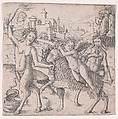 Cupid riding a goat accompanied by two satyrs, landscape in the background, Giovanni Pietro da Birago  Italian, Engraving