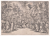 Stage set for the marriage of Ferdinand de' Medici and Christine of Lorraine in Florence in 1589; Apollo and the Python, Agostino Carracci  Italian, Etching and engraving