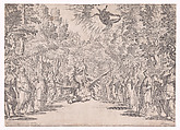 Stage set for the marriage of Ferdinand de' Medici and Christine of Lorraine in Florence in 1589; Apollo and the Python, Agostino Carracci  Italian, Etching, engraving