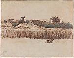 Hamlet in a Wheat Field, Vichy, Jean-François Millet (French, Gruchy 1814–1875 Barbizon), Pen and brown ink, with brush and brown wash, and watercolor
