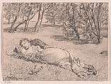 Paar im Grase–Umarmung in einer Landschaft (A Couple on the Grass–An Embrace in a Landscape), Max Klinger  German, Pen and brown ink and pale brown wash