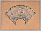 Painted fan with a design of feathers and three medallions, Charles Edward Conder  British, Watercolor on silk with white gouache heightening