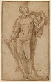 Hercules, Standing with a Club, Domenico Beccafumi  Italian, Pen and brown ink, brush and brown wash, over traces of black chalk