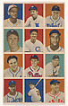Uncut sheet, part of the 1949 Bowman Baseball series (R406-2) issued by Bowman Gum Company. Includes Jerry Priddy-No.4, Tom McBride-No.74, Eddie Mayo-No.75, Joe Page-No.82, Bob Scheffing-No.83, Roy Campanella-No.84, Dick Wakefield-No.91, Willie "Puddin-Head" Jones-No.92, Ed Stevens-No.93, Gil Hodges-No.100, Sid Gordon-No.101, Stan Spence-No.102., Bowman Gum Company American, Commercial color lithograph