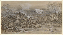 Battle of the Pyramids, July 21, 1798, François André Vincent (French, Paris 1746–1816 Paris), Pen and black ink, brush and brown wash, heightened with white on beige washed paper; squared in graphite