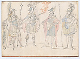 Four Actors in Heroic Costume, with a Study of a Helmeted Head, Claude Gillot (French, Langres 1673–1722 Paris), Watercolor, pen and black ink, red chalk, and traces of black chalk