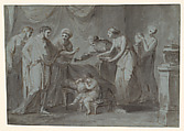 Servius Tullius When a Child, Asleep in the Apartment of King Tarquinius Priscus, Angelica Kauffmann  Swiss, Pen and brown ink, brush and gray ink, heightened with white chalk, on blue paper