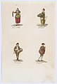 Plate 2: four street vendors from Madrid selling garlic and onions, cucumbers, fine crockery, oil, from 'Los Gritos de Madrid' (The Cries of Madrid), Miguel Gamborino  Spanish, Engraving with hand coloring