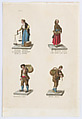 Plate 11: four street vendors from Madrid selling different kinds of fish, from 'Los Gritos de Madrid' (The Cries of Madrid), Miguel Gamborino  Spanish, Engraving with hand coloring