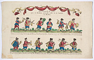 Title and plate 1 depicting the cries (trades) of Rome, here including vendors of goldfish, Milanese swords, hats etc, from the 'Descrición de las artes que se llaman para los calles de la ciudad de Roma', Remondini Italian, Engraving with hand coloring