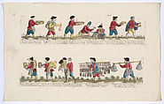 Plate 2 depicting the trades of Rome, here including vendors of fish, sieves, candles etc, from the 'Descrición de las artes que se llaman para los calles de la ciudad de Roma', Remondini Italian, Engraving with hand coloring